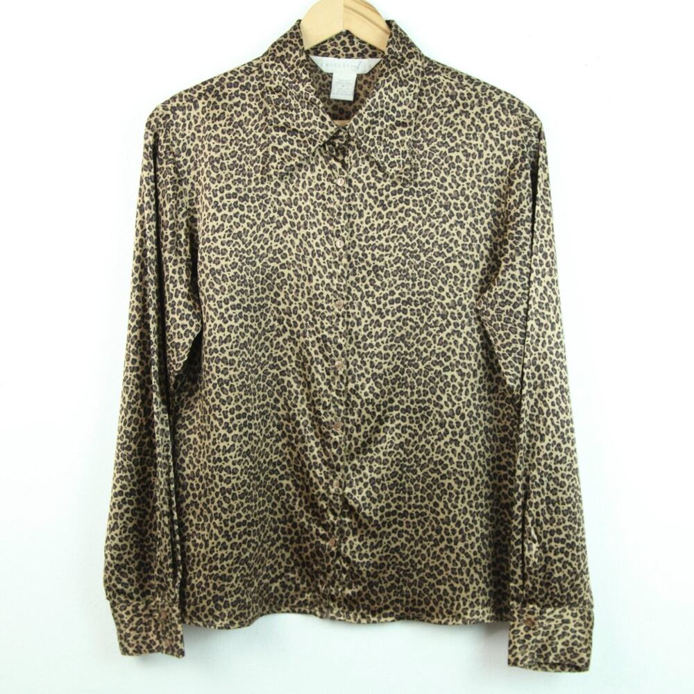 Express Medium Blouse‎ 100% Silk Vintage Y2K Satin Leopard Print Officecore